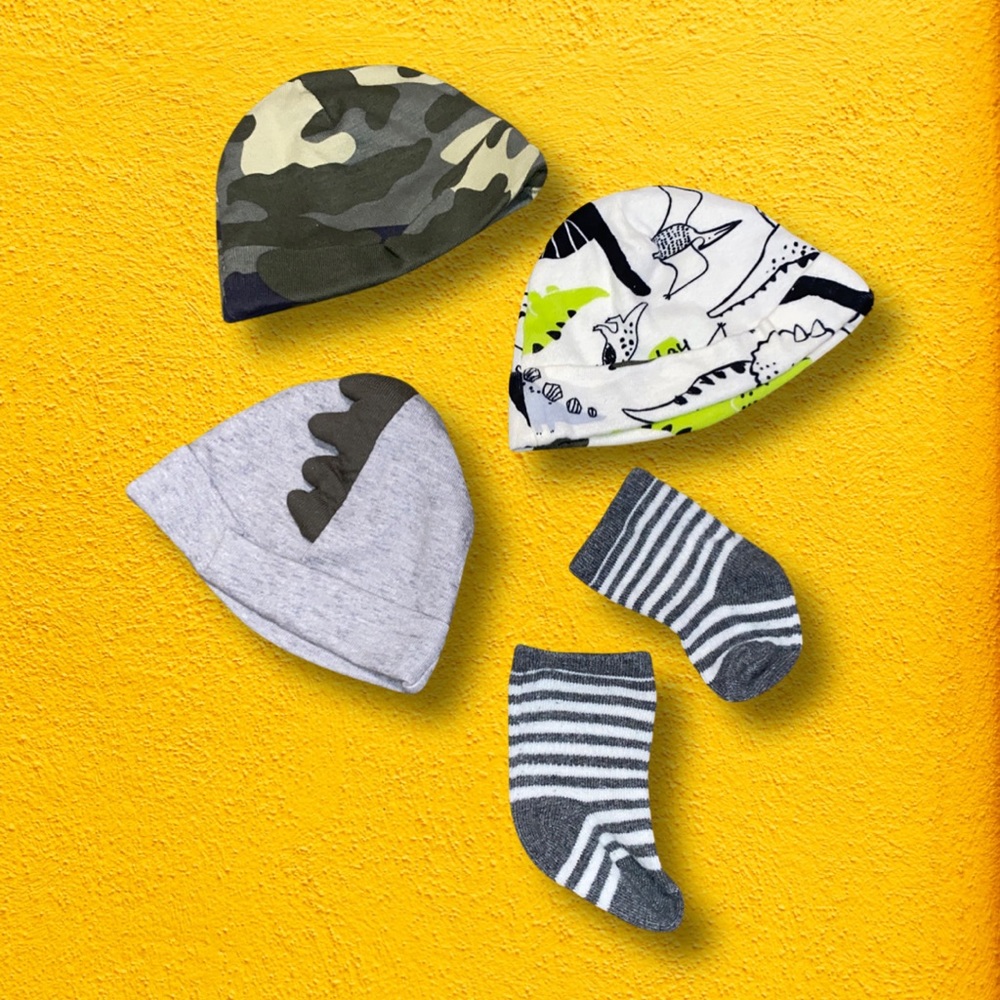 Newborn baby accessories dinosaurs and camo and stripes bundle